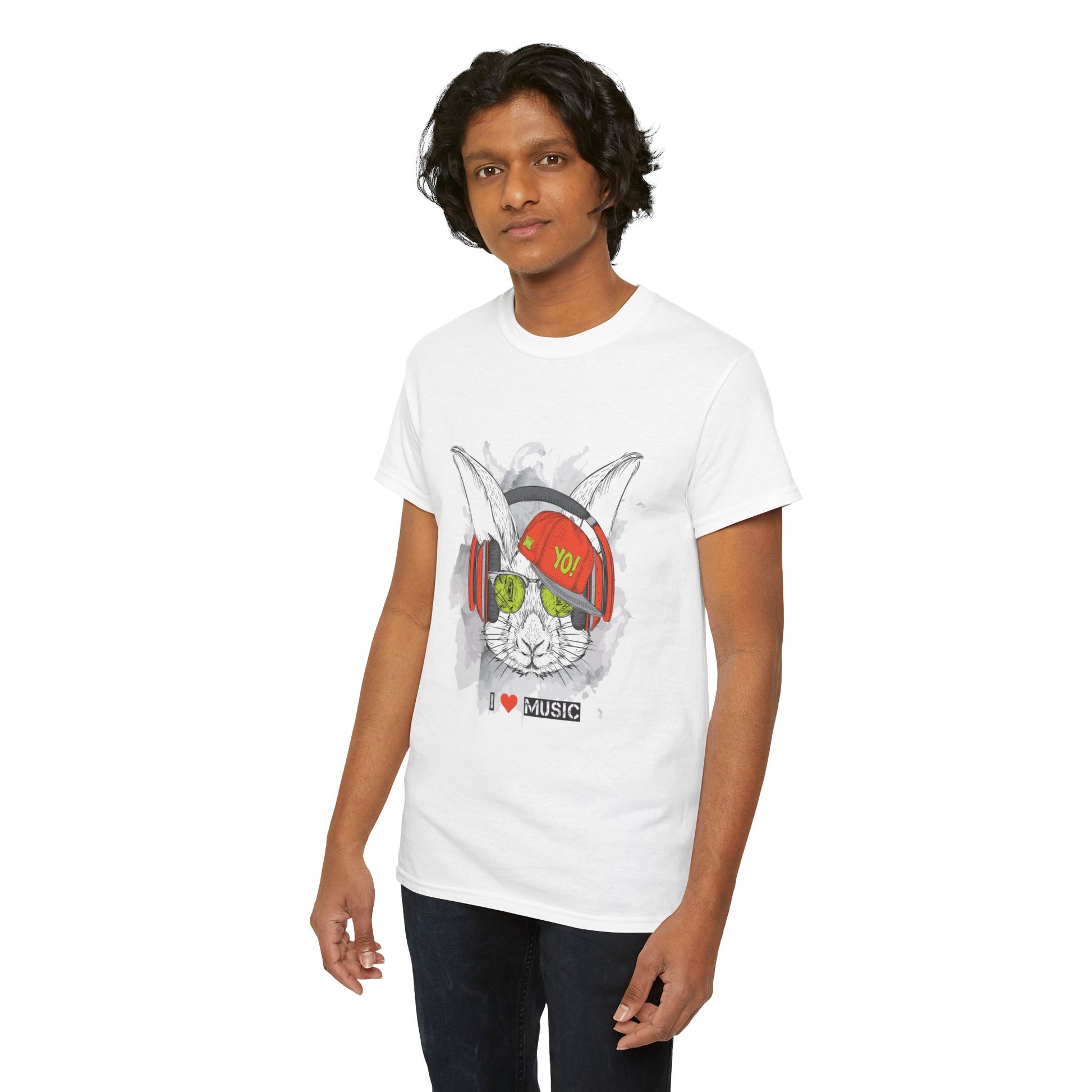 The Rabbit Music Bunny Unisex Heavy Cotton Tee | Cute Graphic T-Shirt for Music Lovers - ArtShirt Couture