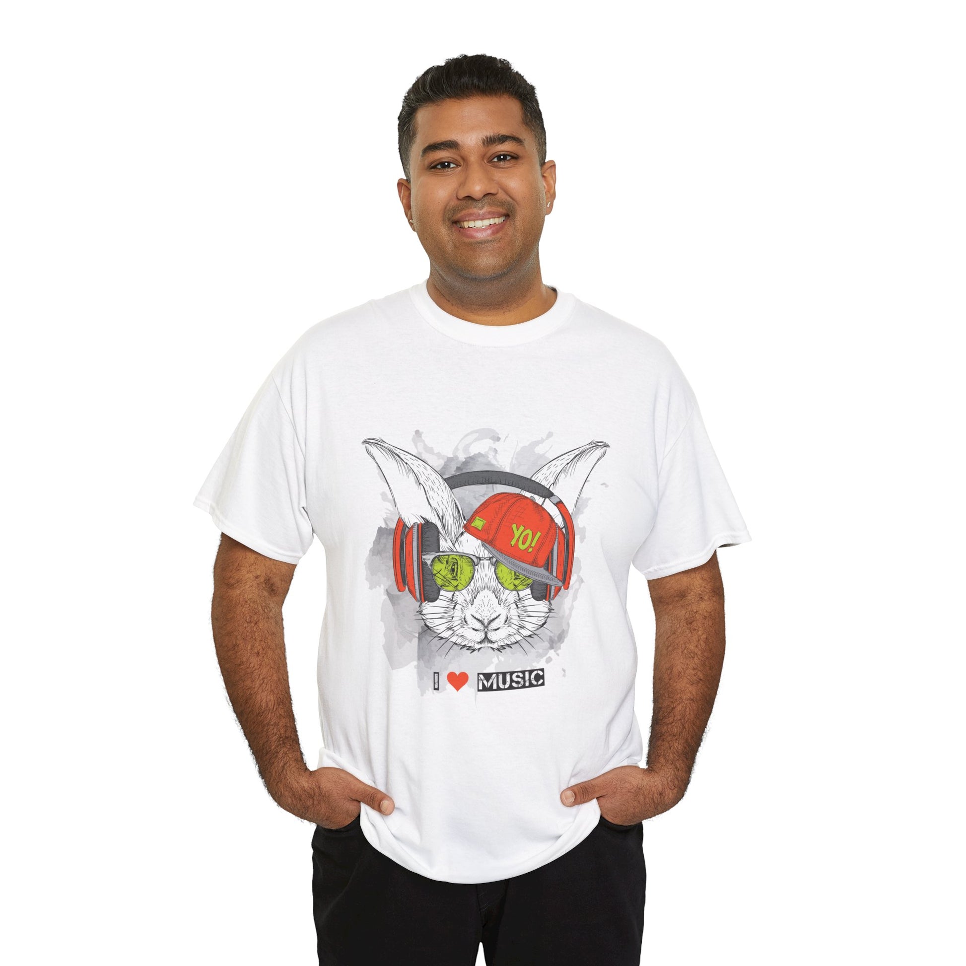 The Rabbit Music Bunny Unisex Heavy Cotton Tee | Cute Graphic T-Shirt for Music Lovers - ArtShirt Couture
