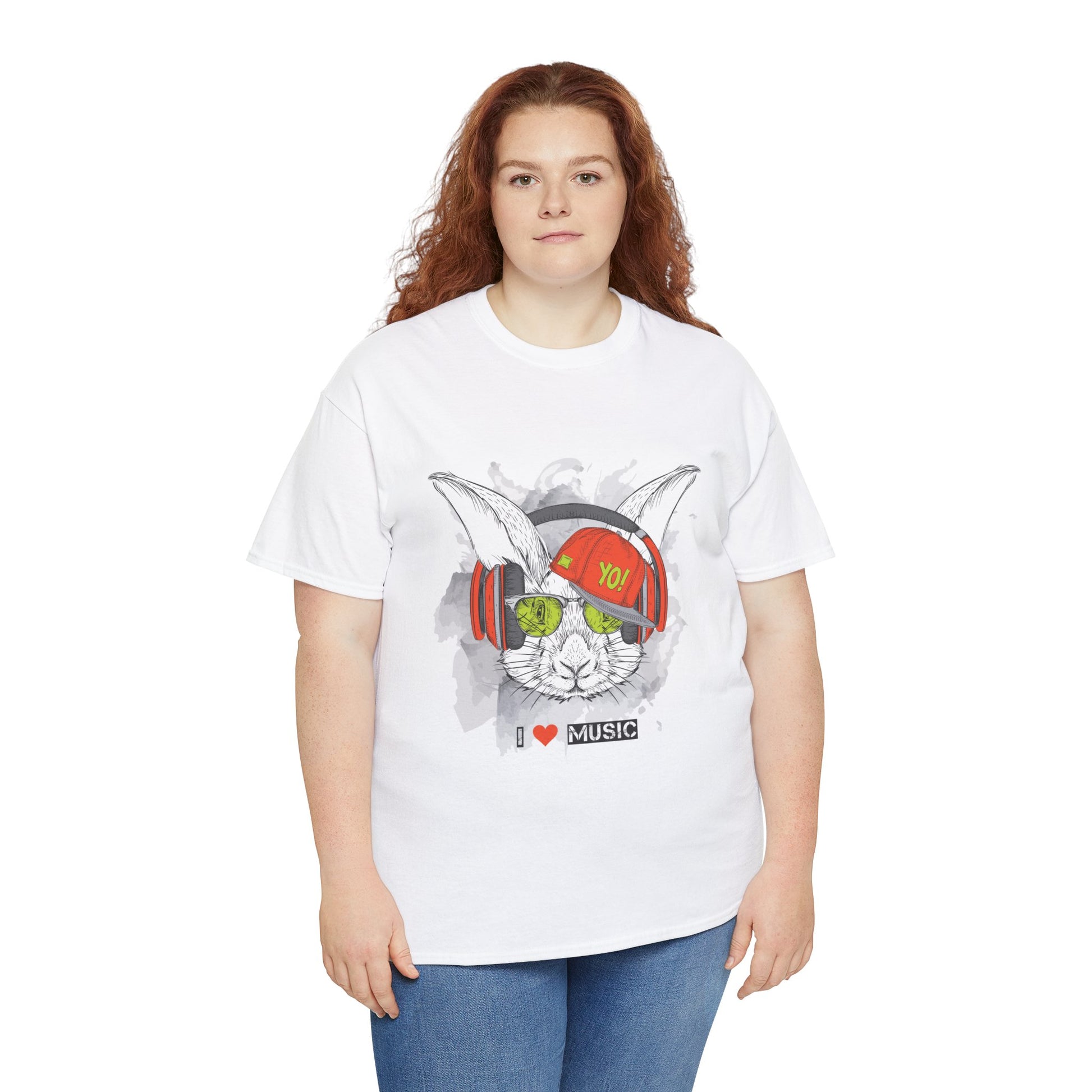 The Rabbit Music Bunny Unisex Heavy Cotton Tee | Cute Graphic T-Shirt for Music Lovers - ArtShirt Couture