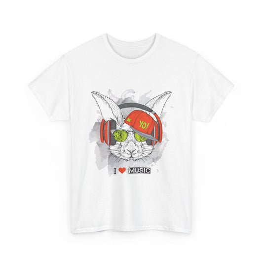 The Rabbit Music Bunny Unisex Heavy Cotton Tee | Cute Graphic T-Shirt for Music Lovers - ArtShirt Couture