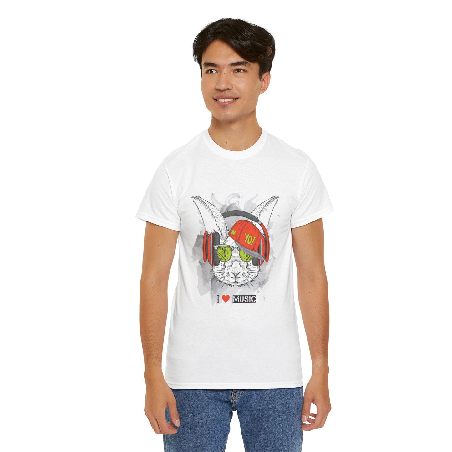 The Rabbit Music Bunny Unisex Heavy Cotton Tee | Cute Graphic T-Shirt for Music Lovers - ArtShirt Couture