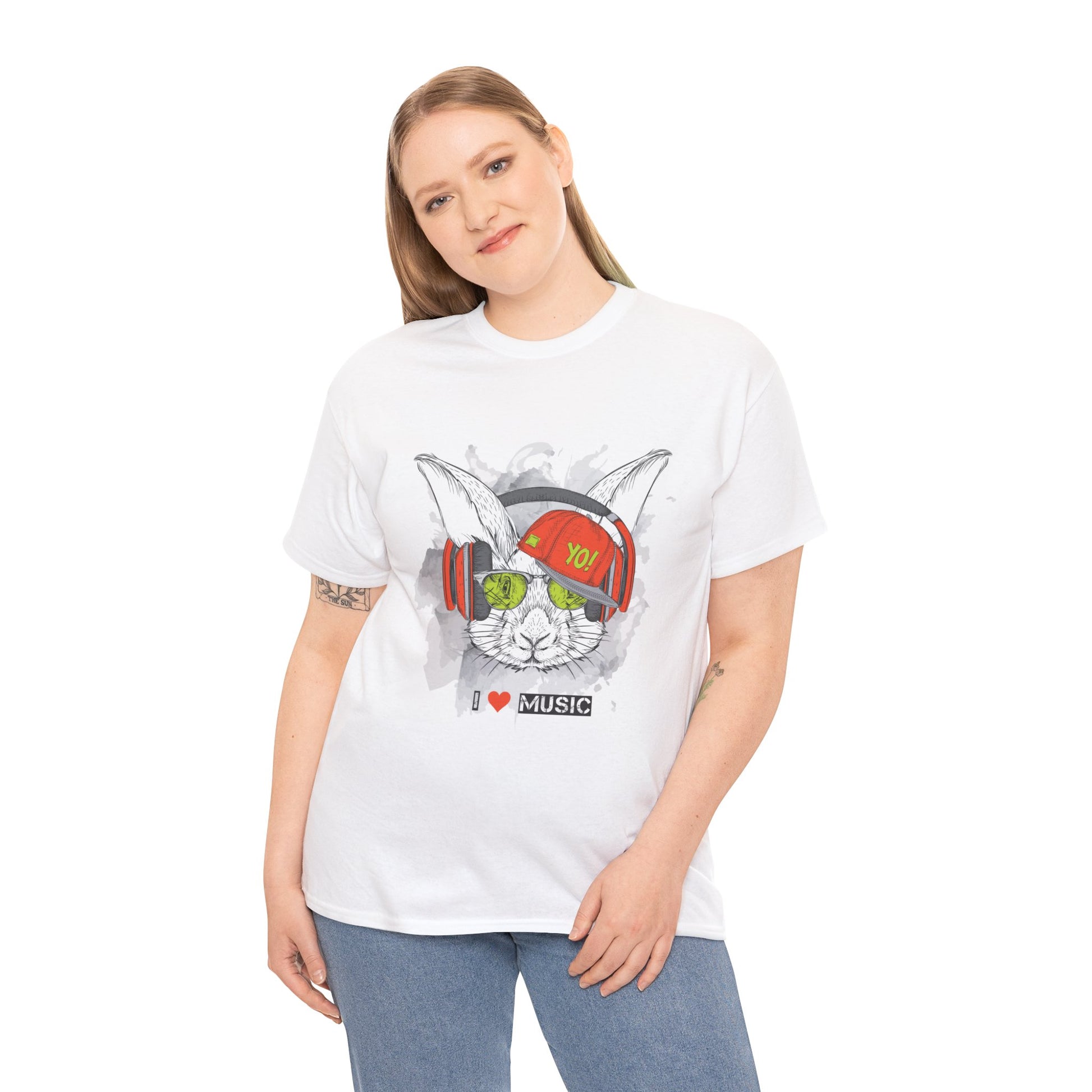 The Rabbit Music Bunny Unisex Heavy Cotton Tee | Cute Graphic T-Shirt for Music Lovers - ArtShirt Couture