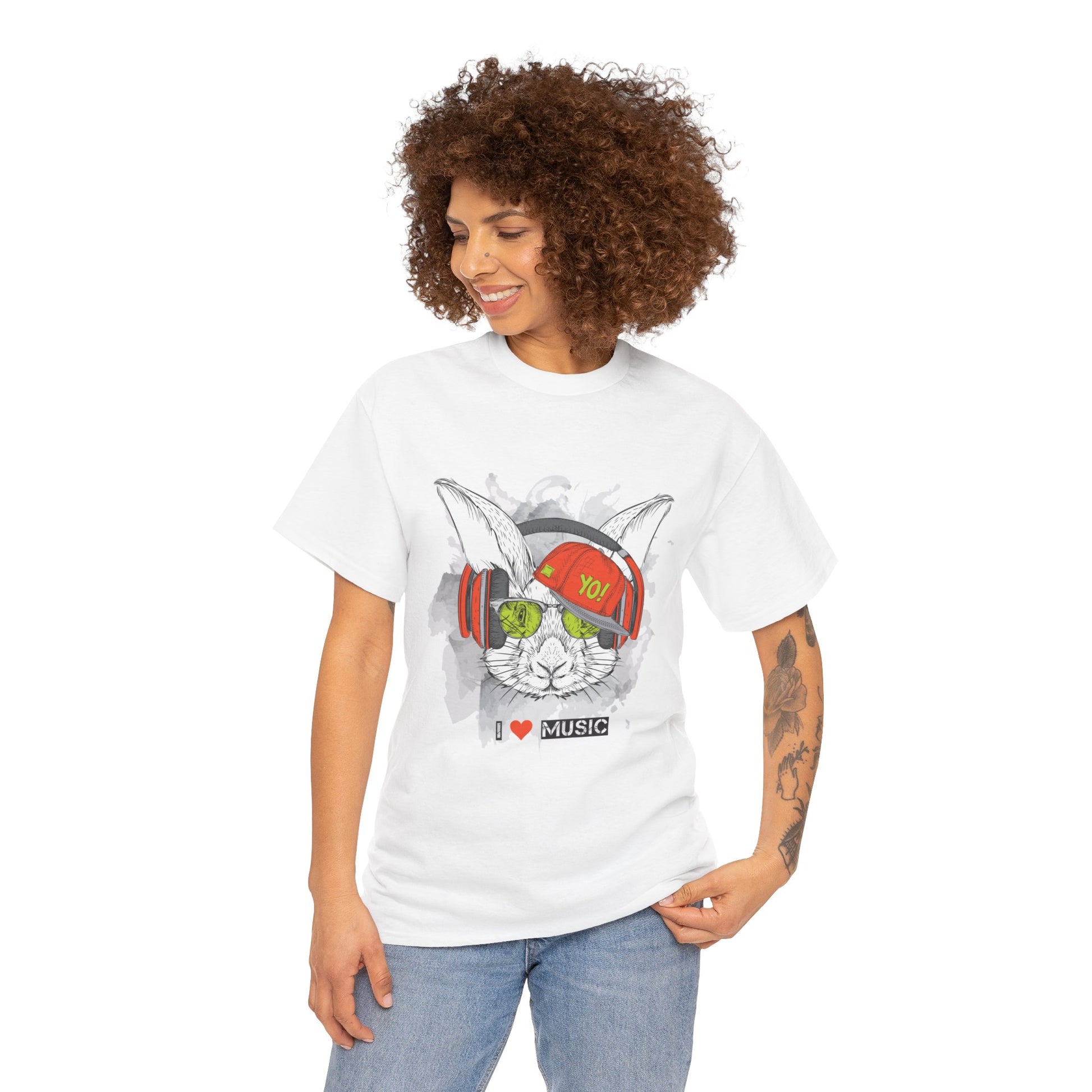 The Rabbit Music Bunny Unisex Heavy Cotton Tee | Cute Graphic T-Shirt for Music Lovers - ArtShirt Couture