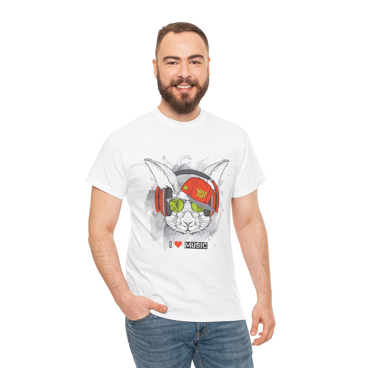 The Rabbit Music Bunny Unisex Heavy Cotton Tee | Cute Graphic T-Shirt for Music Lovers - ArtShirt Couture