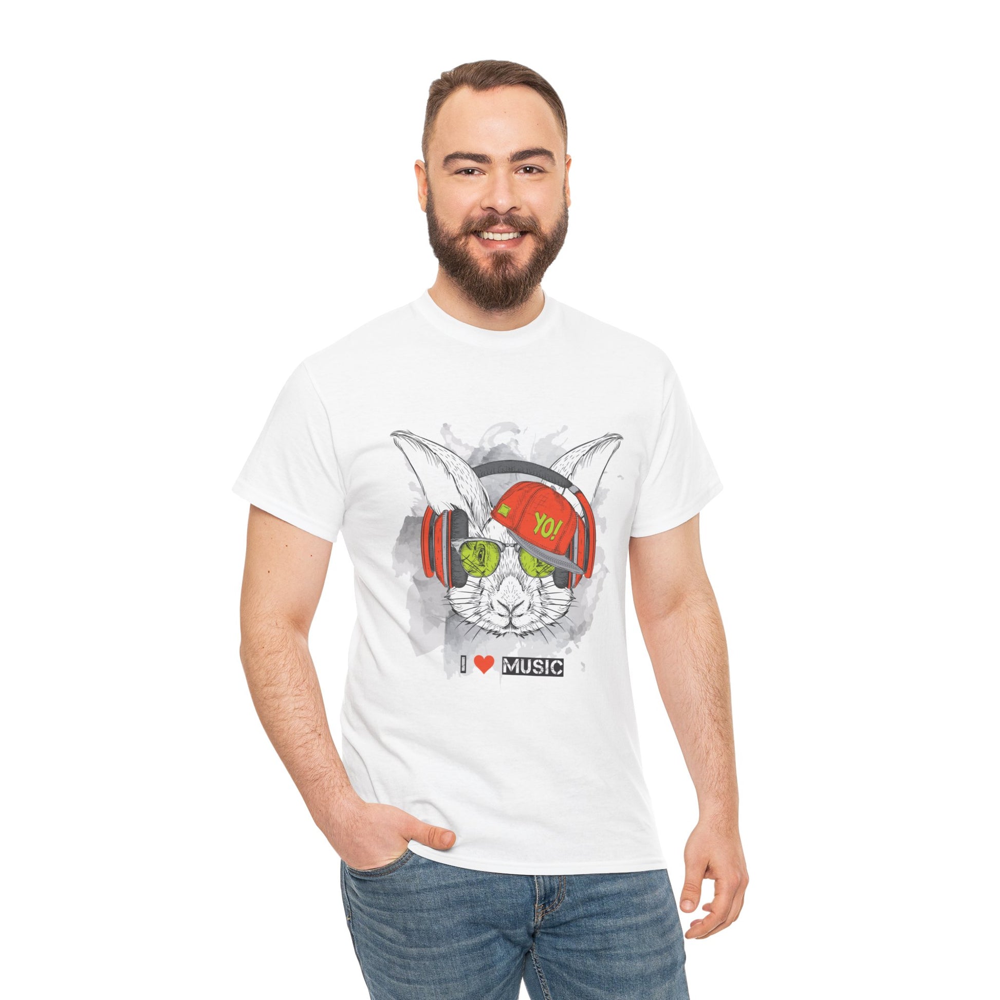The Rabbit Music Bunny Unisex Heavy Cotton Tee | Cute Graphic T-Shirt for Music Lovers - ArtShirt Couture